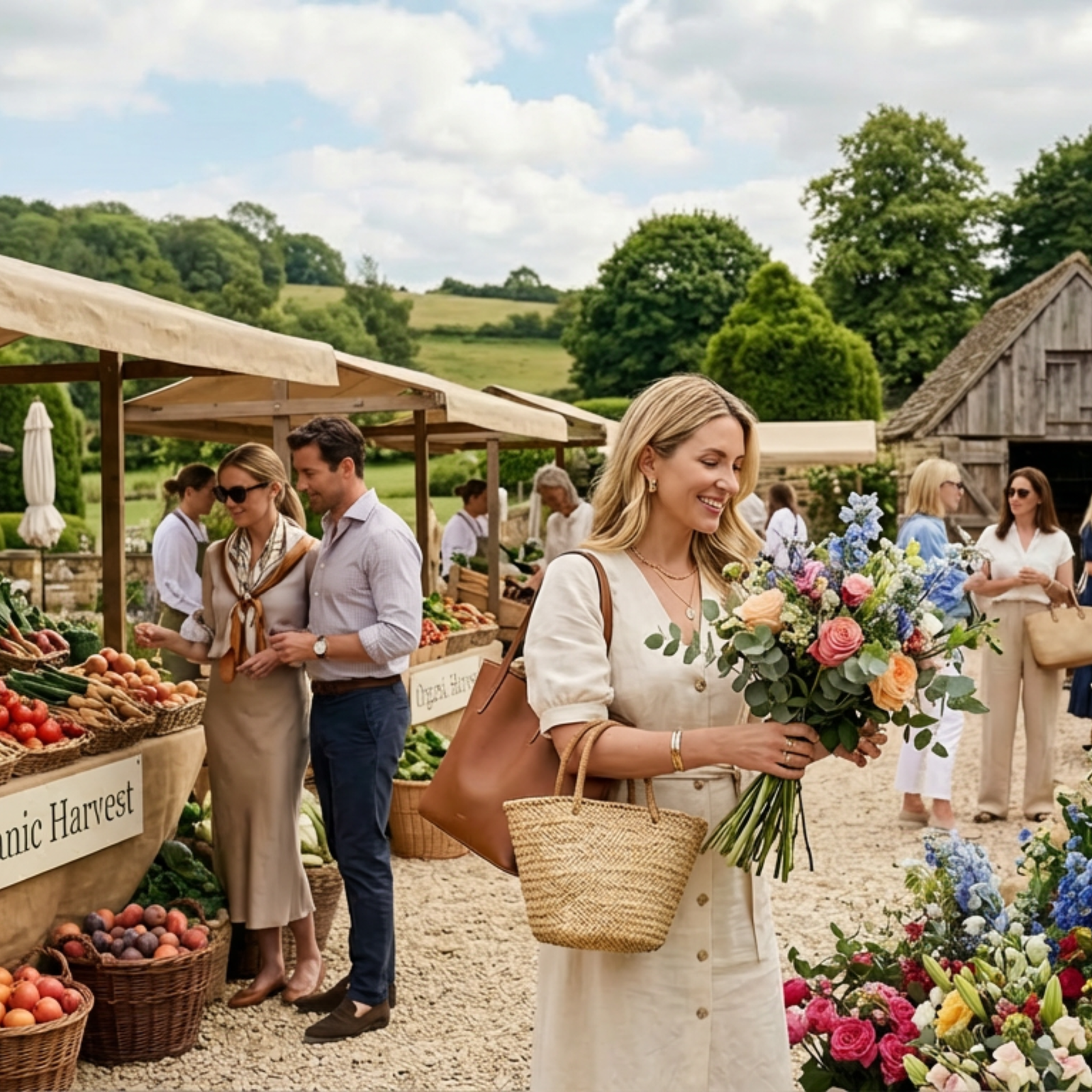 A Spring Market showing people shopping for flowers and vegetables in a countryside setting.