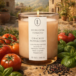 Luxe Intuition Heirloom Tomato and Cracked Peppercorn candle with ripe tomatoes, basil, and peppercorns