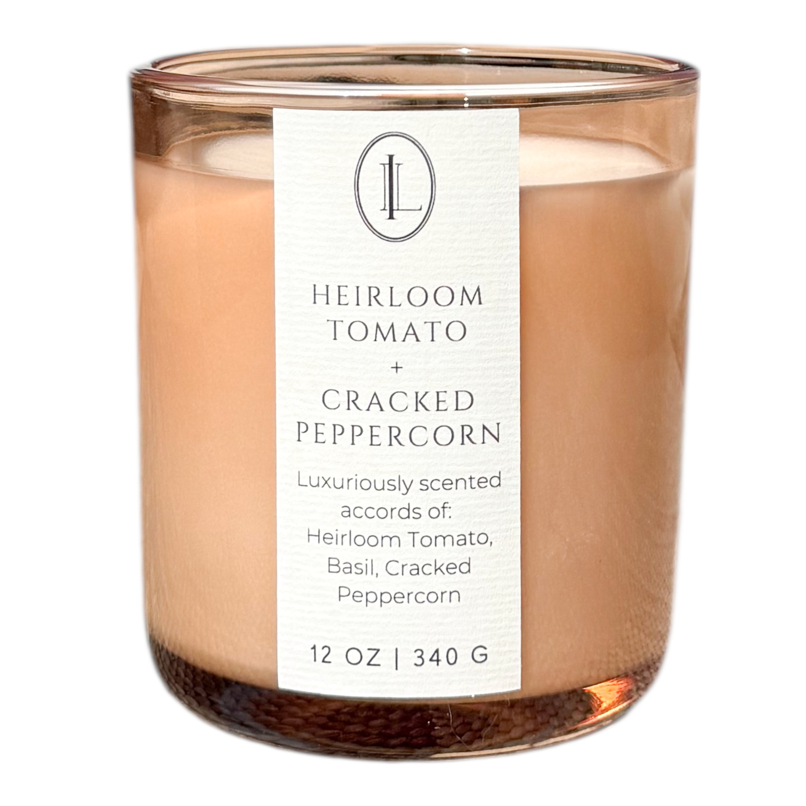 Luxe Intuition Heirloom Tomato and Cracked Peppercorn candle - tomato, basil and peppercorn in a light amber glass vessel