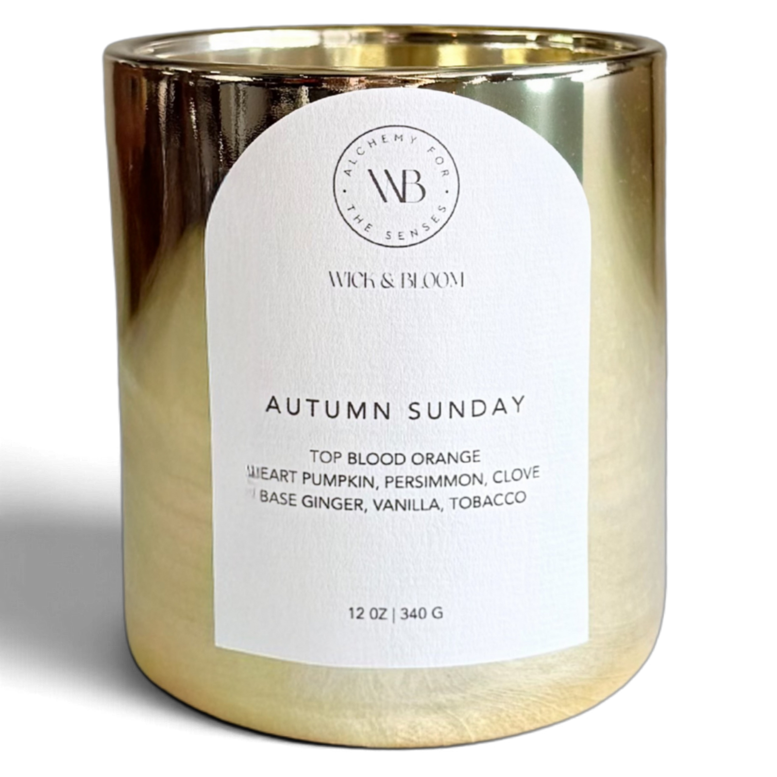 Wick & Bloom Autumn Sunday candle blood orange, pumpkin and vanilla in a gold vessel