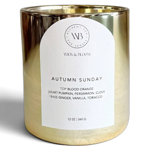 Wick & Bloom Autumn Sunday candle blood orange, pumpkin and vanilla in a gold vessel