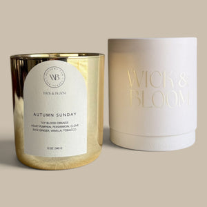 Wick & Bloom Autumn Sunday candle beside its cream Wick & Bloom gift box