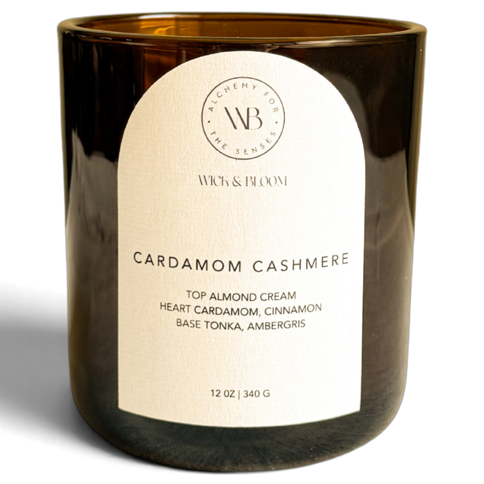 Wick & Bloom Cardamom Cashmere candle with almond cream, cardamom and tonka in an amber glass vessel