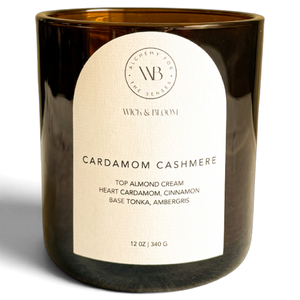 Wick & Bloom Cardamom Cashmere candle with almond cream, cardamom and tonka in an amber glass vessel