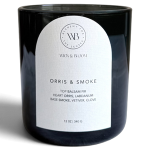 Wick & Bloom Orris & Smoke candle balsam fir, orris and smoke in a translucent black glass vessel