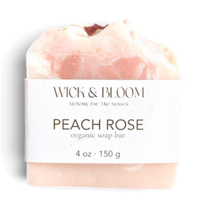 Wick & Bloom Peach Rose organic soap bar, peach-pink with white marbling and cream paper label
